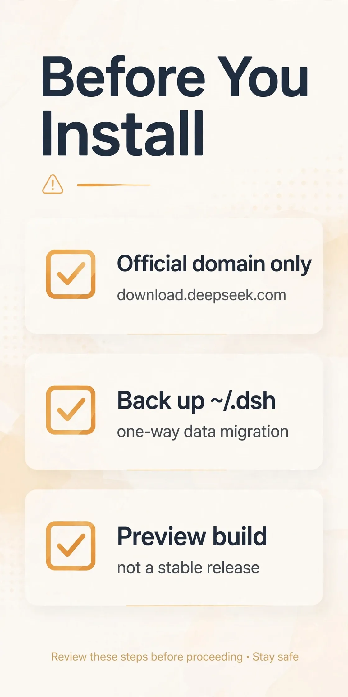 Checklist before installing DeepSeek Harness desktop: verify the official domain, back up your data, accept preview-build risk