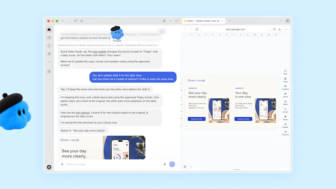 OpenAI’s official Dots announcement image: a Dot named Felipe chatting in ChatGPT while working on a Google Slides presentation