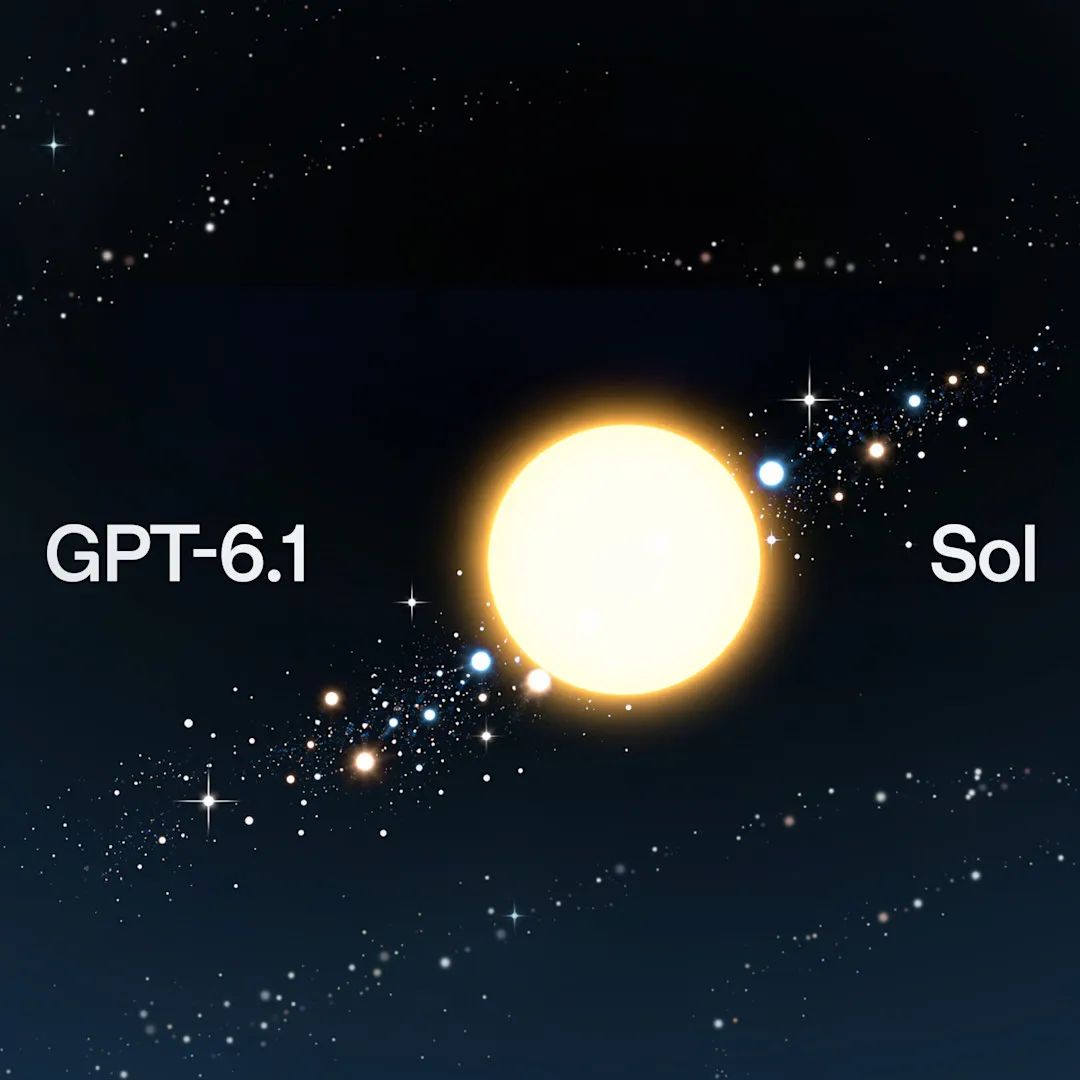 OpenAI’s official GPT-6.1 Sol announcement art: a glowing sun with “GPT-6.1 Sol” text