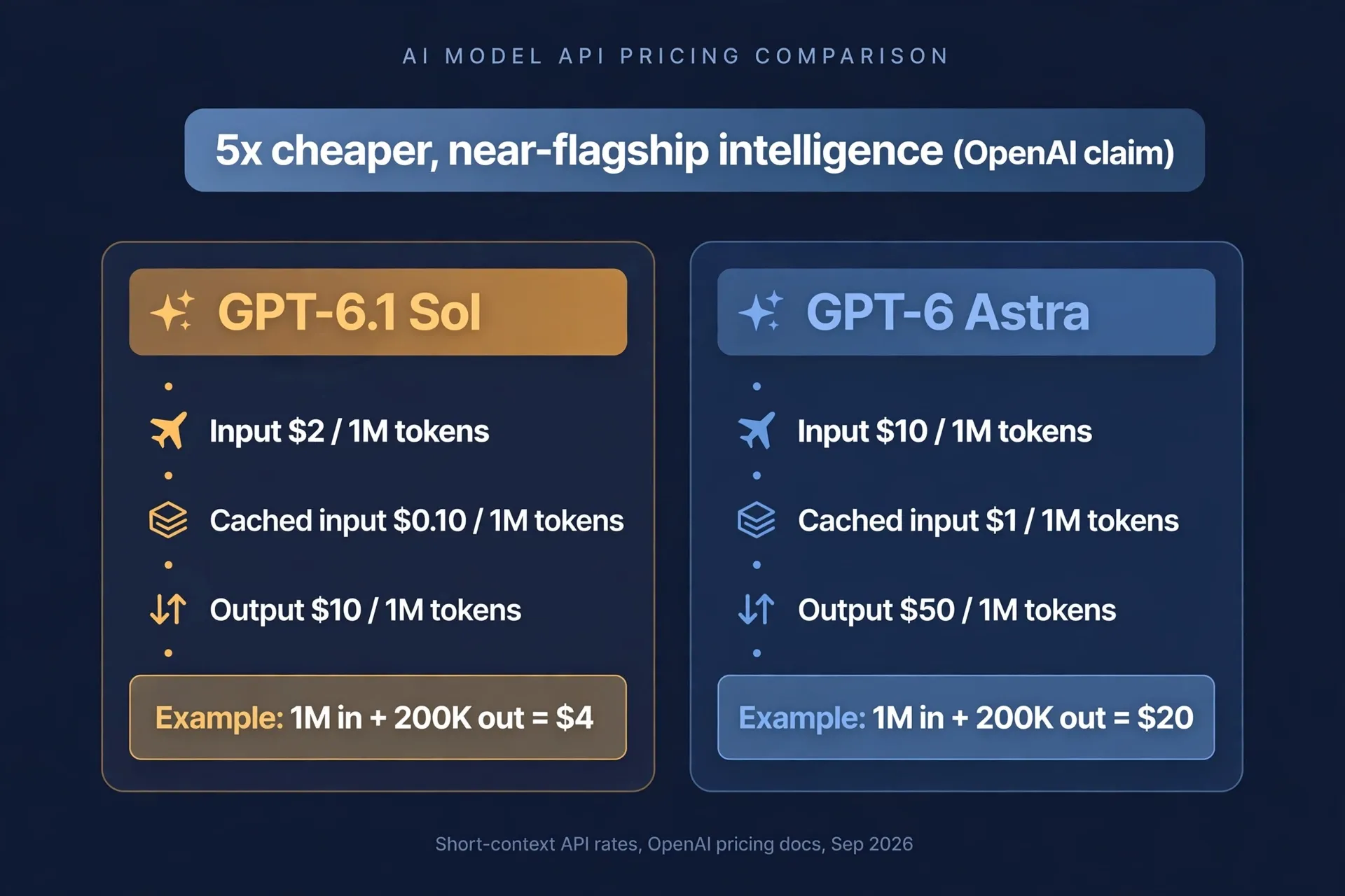 GPT-6.1 Sol vs GPT-6 Astra API price comparison: Sol $2 input, $0.10 cached, $10 output per million tokens versus Astra $10, $1, $50; example workload $4 vs $20