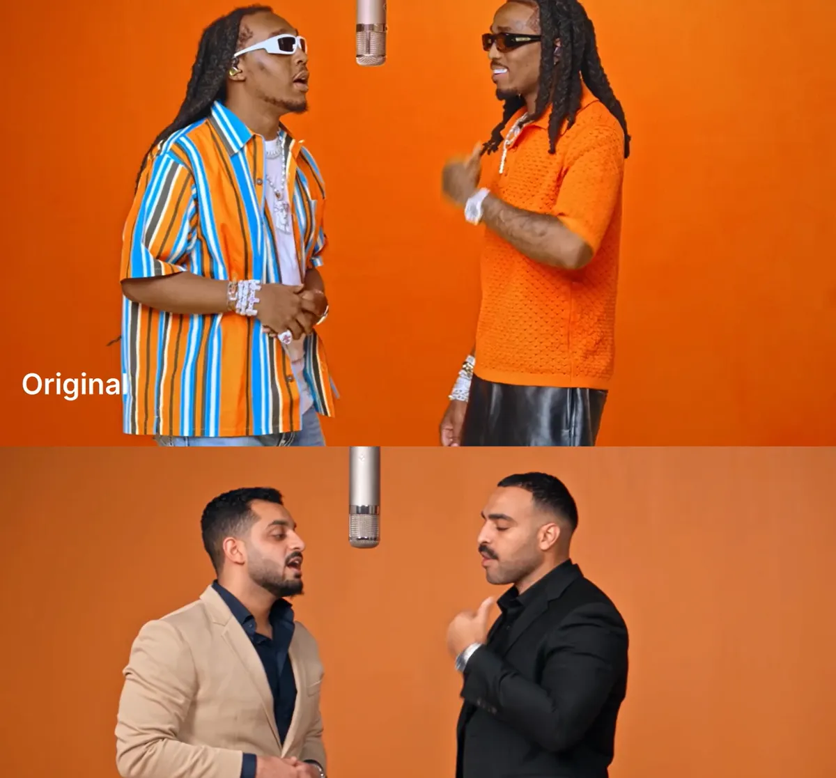 Before/after: the original Quavo & Takeoff Hotel Lobby performance (top, labeled “Original”) vs the AI character swap replacing them with two men in beige and black suits (bottom) — same moves, camera work, orange set and audio