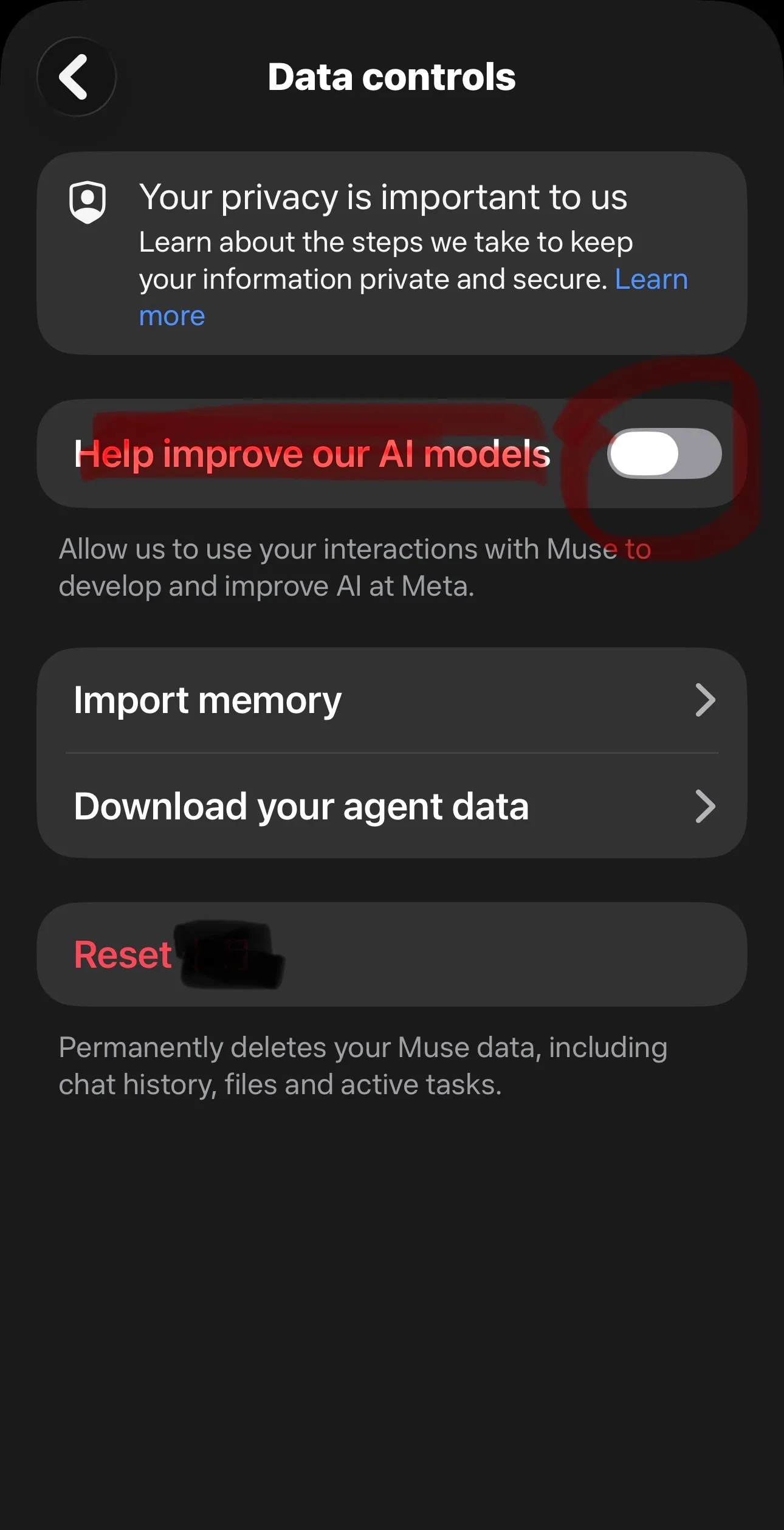 Real screenshot: Muse Data controls page, the “Help improve our AI models” toggle (shown on, marked in red — turn it off)