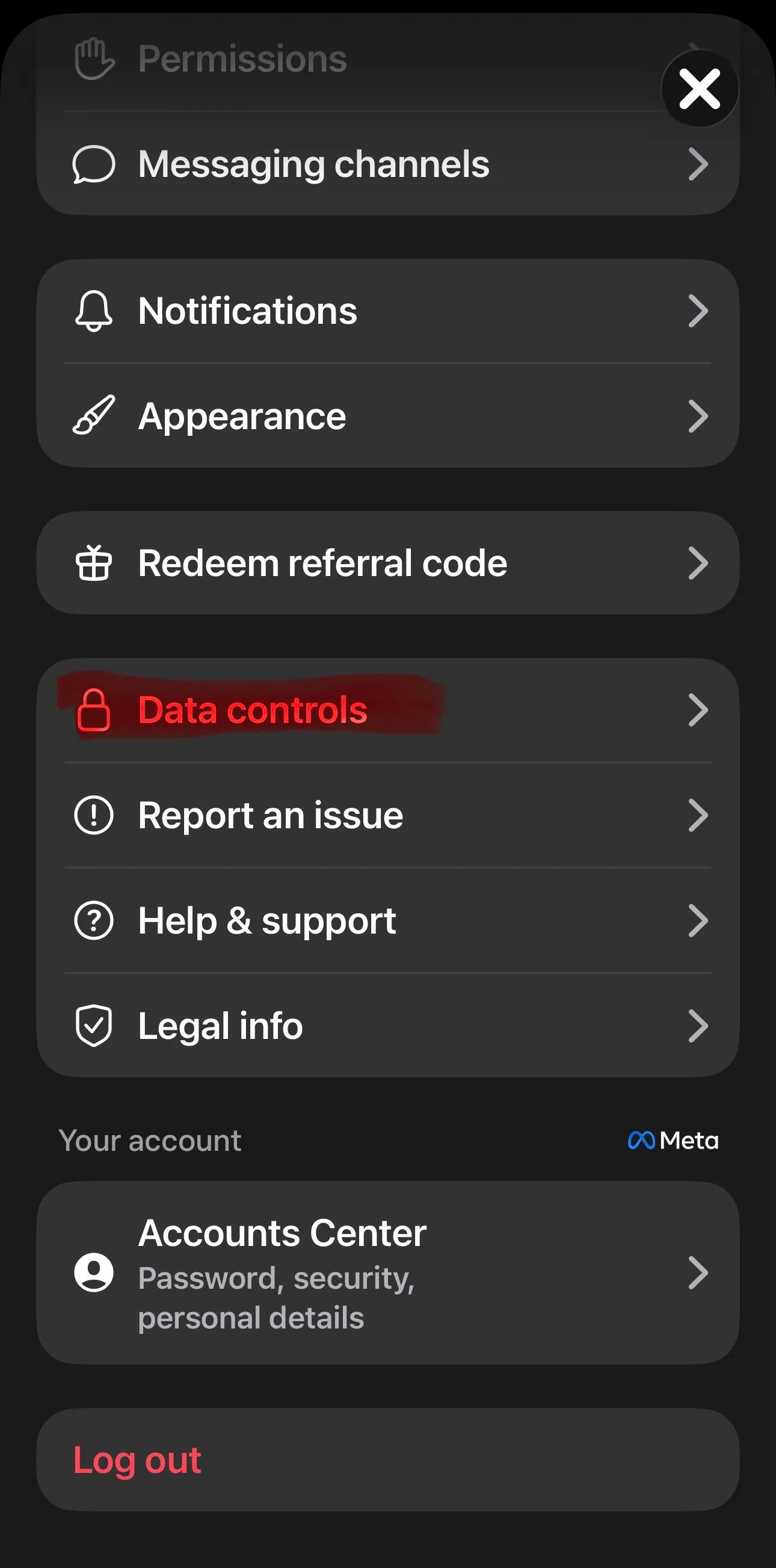Real screenshot: Muse Settings page, the “Data controls” entry (marked in red)